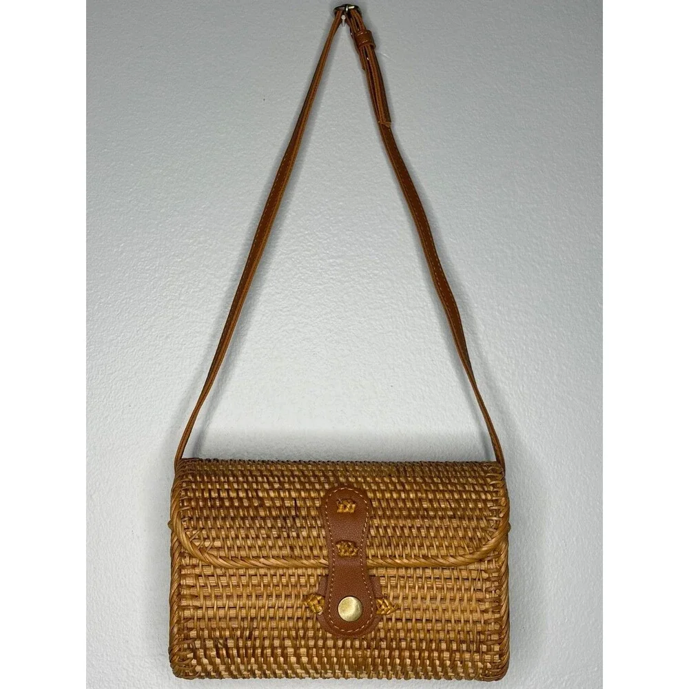 Handwoven Rattan Shoulder Leather Strap Floral Lined Bag